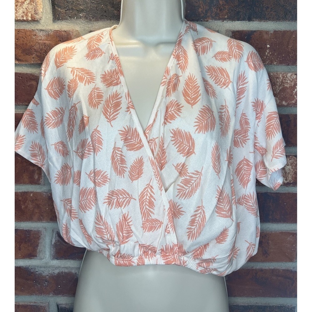 Lazy Sundays Faux Wrap Crop Top Peach Feather Tropical Print Size L